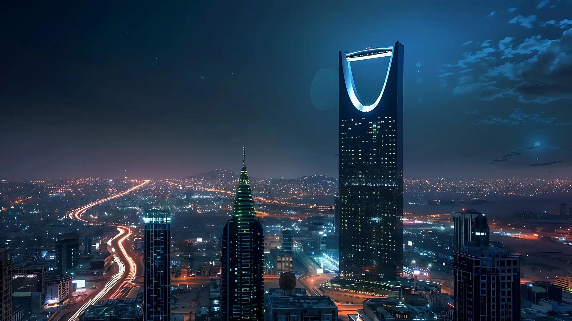 Saudi Arabia Illuminated Kingdom Tower Skyline at Night