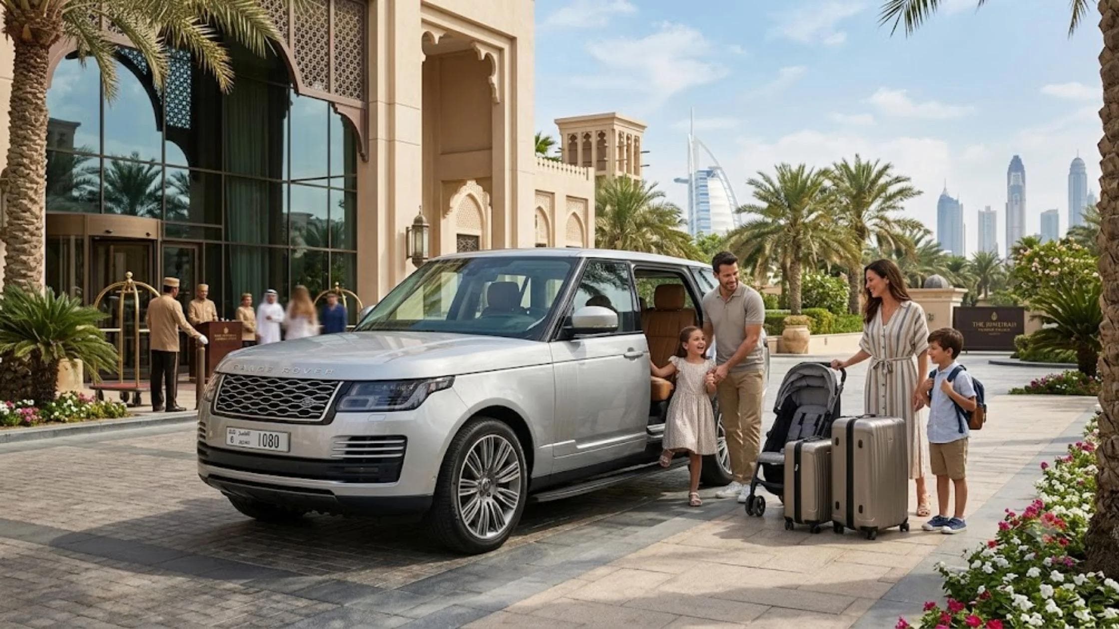 Family arriving at luxury Dubai hotel with rental SUV for vacation getaway.