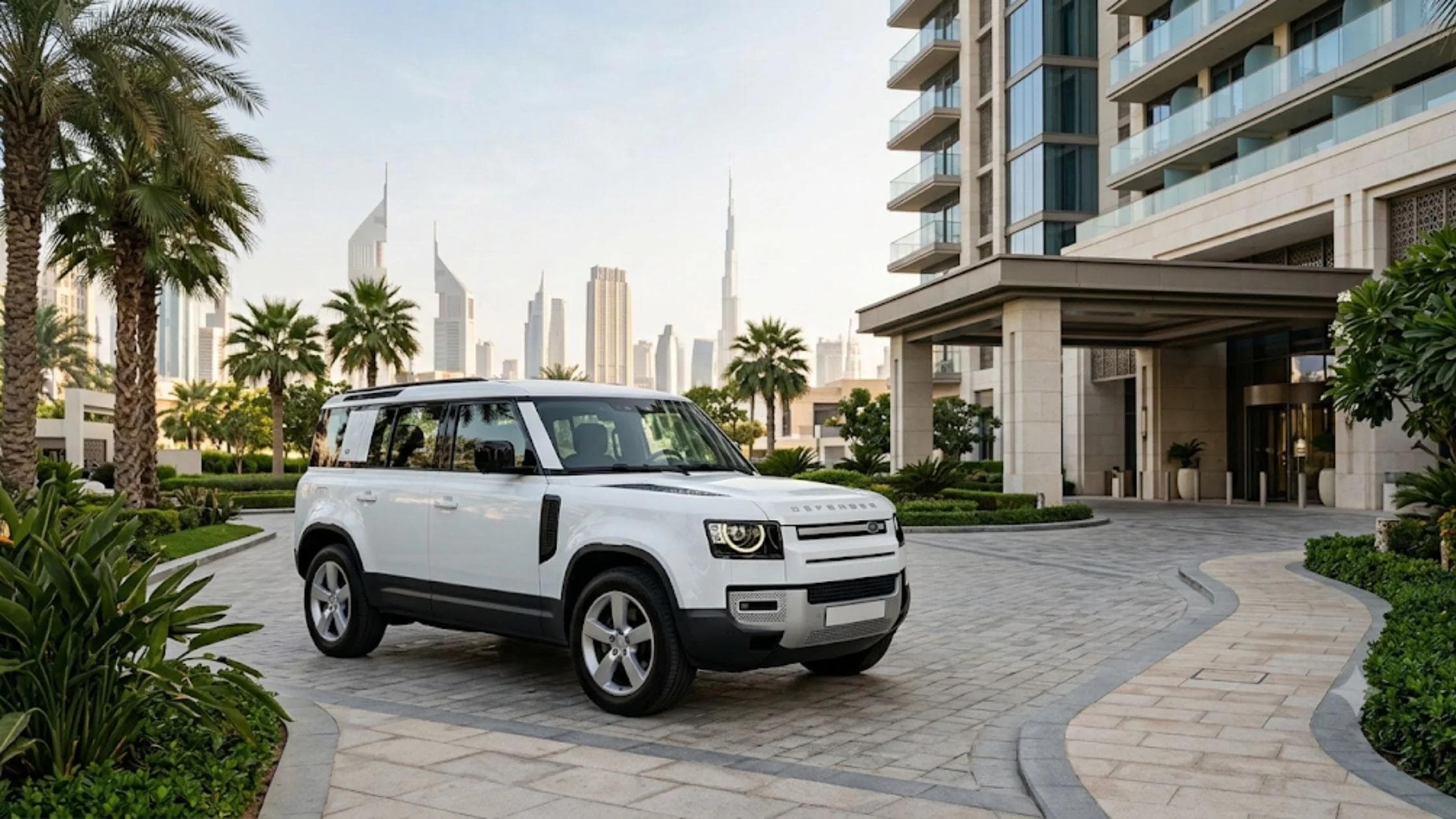 White Land Rover Defender parked outside a luxury building, illustrating best rental car types for Atlanta roads blog.