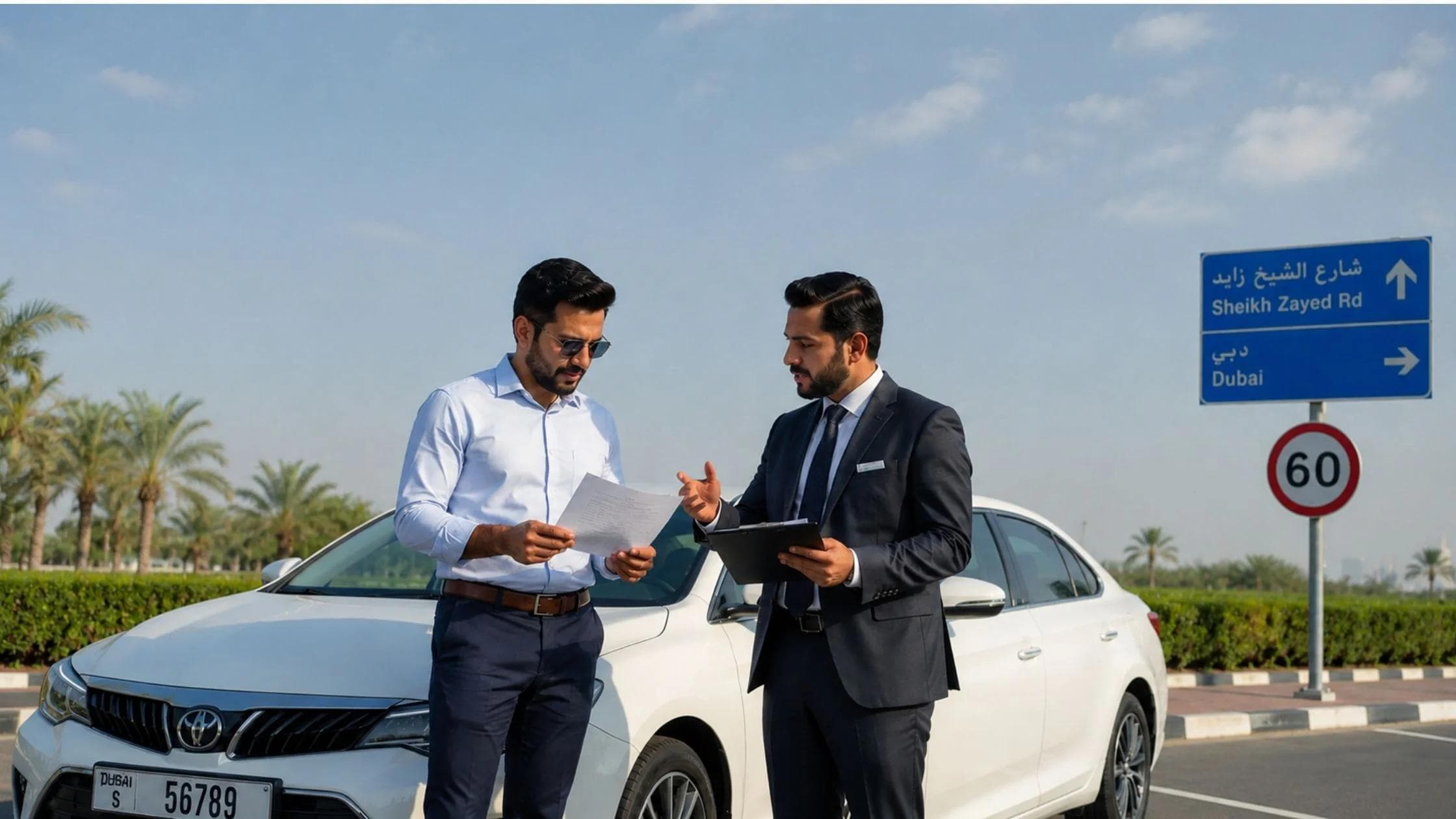 Driver reviewing car insurance policy papers with an agent next to a white sedan in Dubai.
